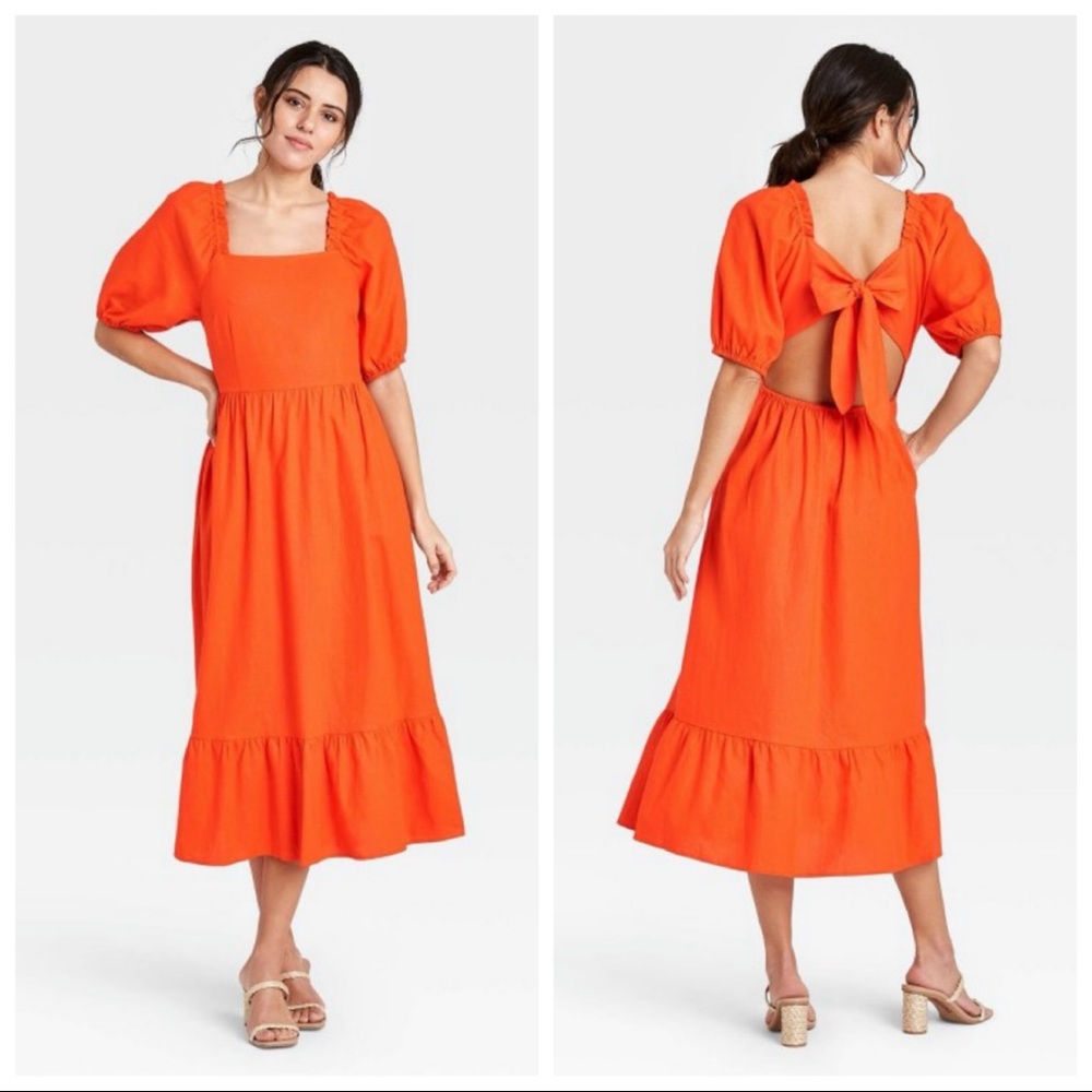 Who What Wear Puff Elbow Sleeve Open Back Dress